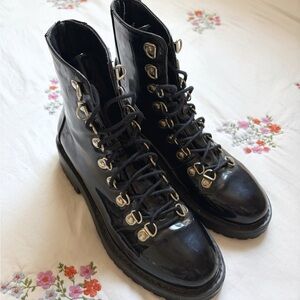 Black Lace-Up Patent Combat Boots - Women's